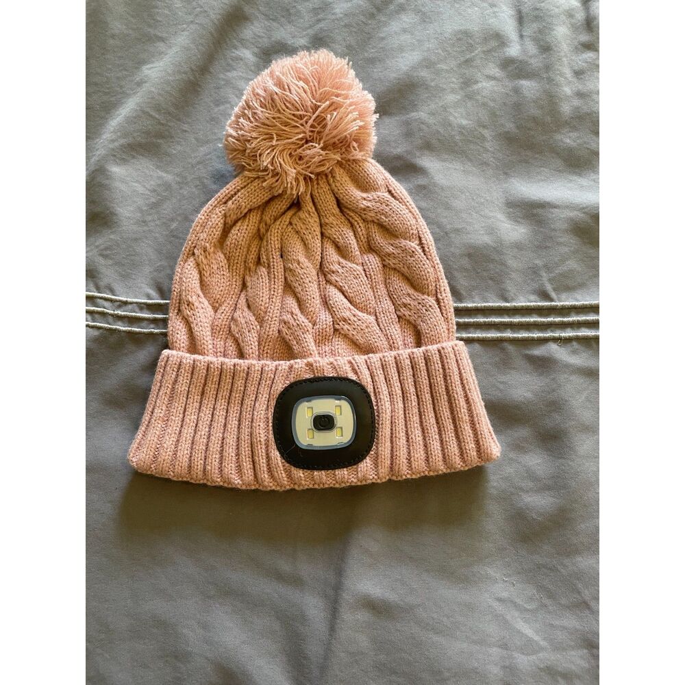 Night Scope Pink Cable Knit Beanie Hat w/ Rechargeable LED Light with Pom Pom